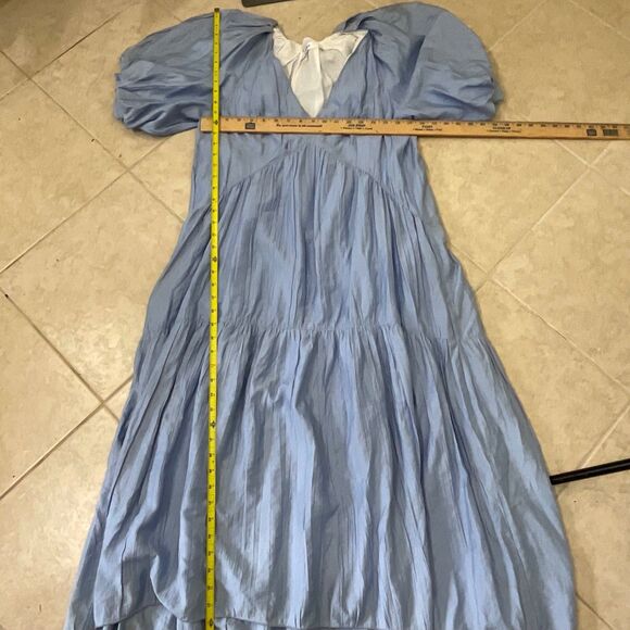 FRAME Shirred  V-Neck Puff Sleeves Midi Dress women’s S Blue part lined Tiered* - Picture 8 of 12
